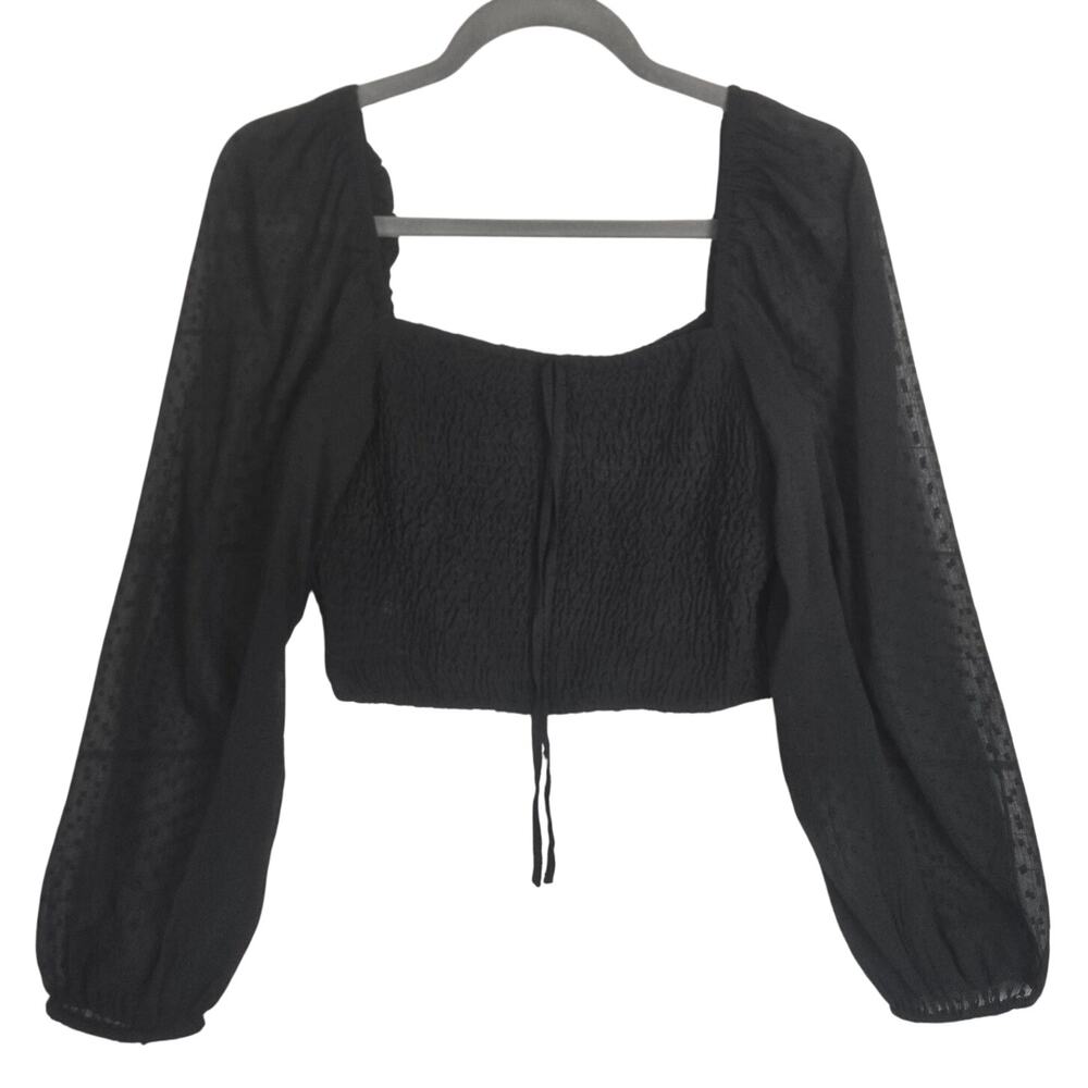 BOG Collective Black Smocked Crop Top M Sheer Swiss Dot Puff Sleeve Whimsigoth